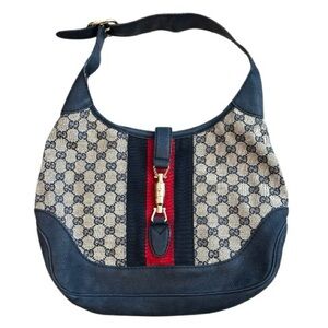 Gucci Jackie 1961 monogram canvas and dark blue suede vintage Bag 100% authentic